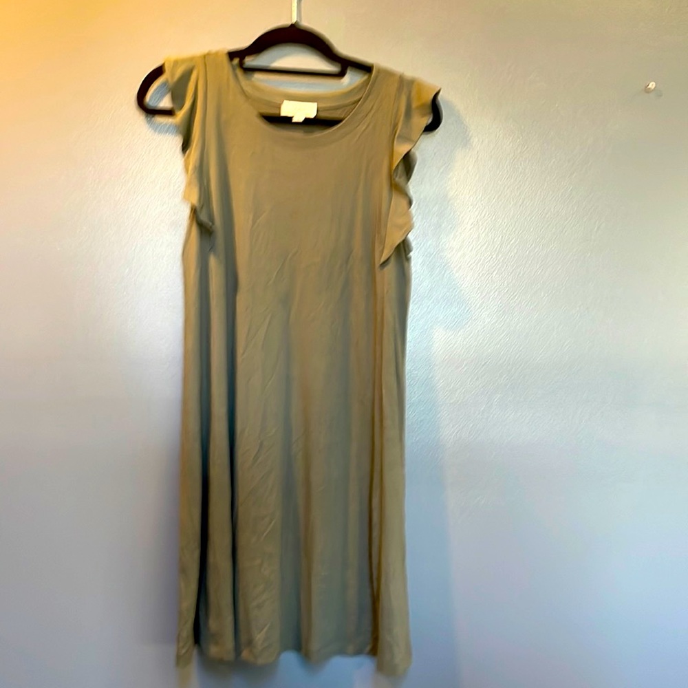 Loft knee length dress with ruffle sleeve. Very neutral army green.